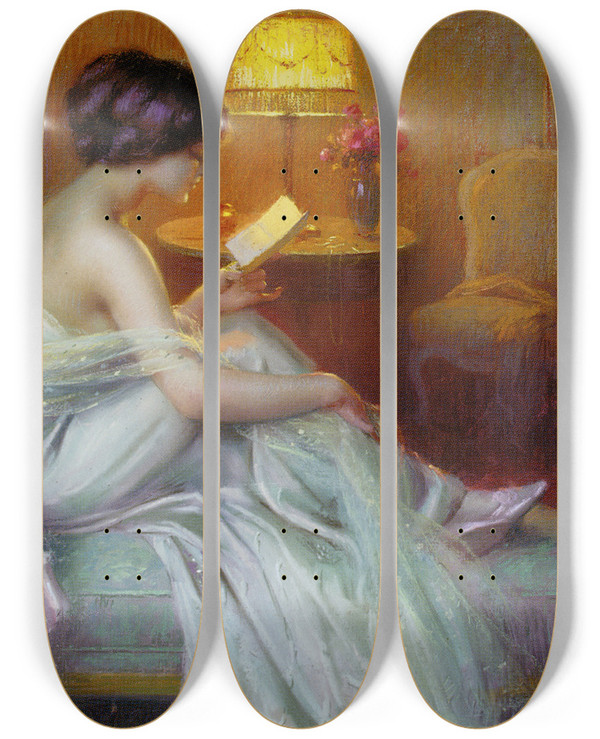 Triptych art skateboard deck of Delphin Enjolras Reading At Lamp Light by Delphin Enjolras (1857-1945)