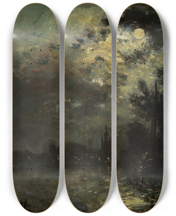 Triptych art skateboard deck of Johan Barthold Jongkind View On Overschie In Moonlight by Johan Barthold Jongkind (1819-1891)