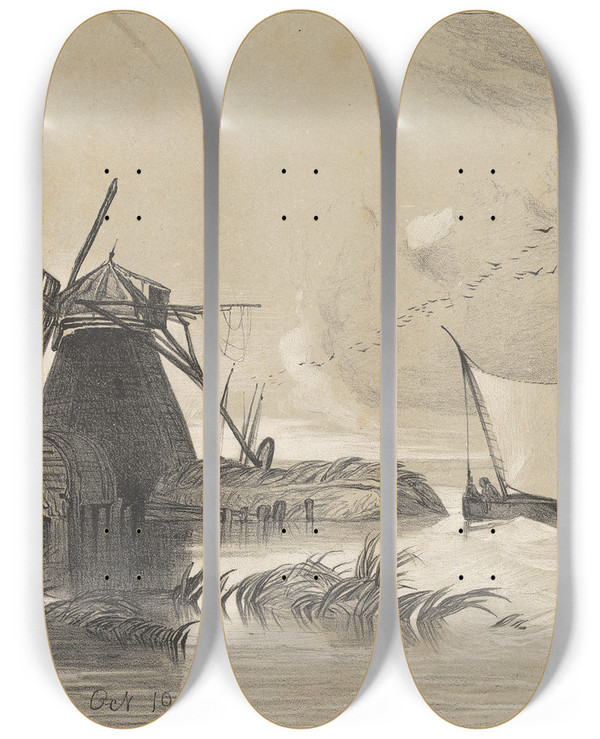 Triptych art skateboard deck of Miles Edmund Cotman Below Langley Oct 19 1841 by Miles Edmund Cotman (1810-1858)