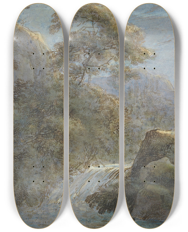 Triptych art skateboard deck of Franz Kobell Waterfall In The Mountains By Moonlight by Franz Kobell (1749-1822)