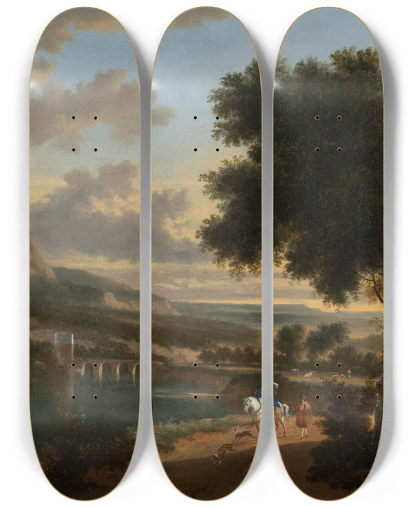Triptych art skateboard deck of Jan Hackaert An Extensive Landscape With Travellers Fishermen And Cattle Drovers On A Path With A Roman Bridge Beyond by Jan Hackaert (1629-1700)