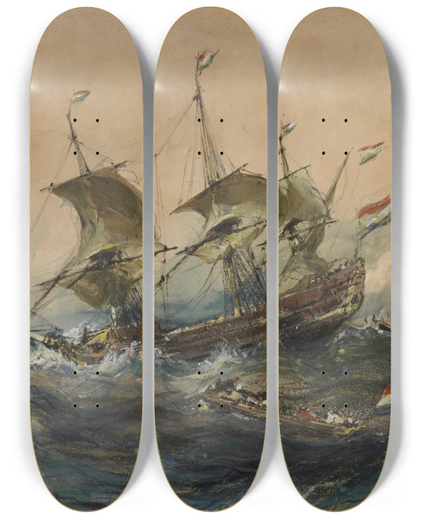 Triptych art skateboard deck of Eugne Isabey Dutch Ships In A Storm by Eugene Isabey (1803-1886)