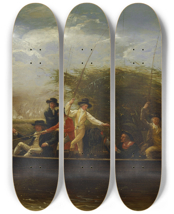 Triptych art skateboard deck of Benjamin West Gentlemen Fishing by Benjamin West (1738-1820)