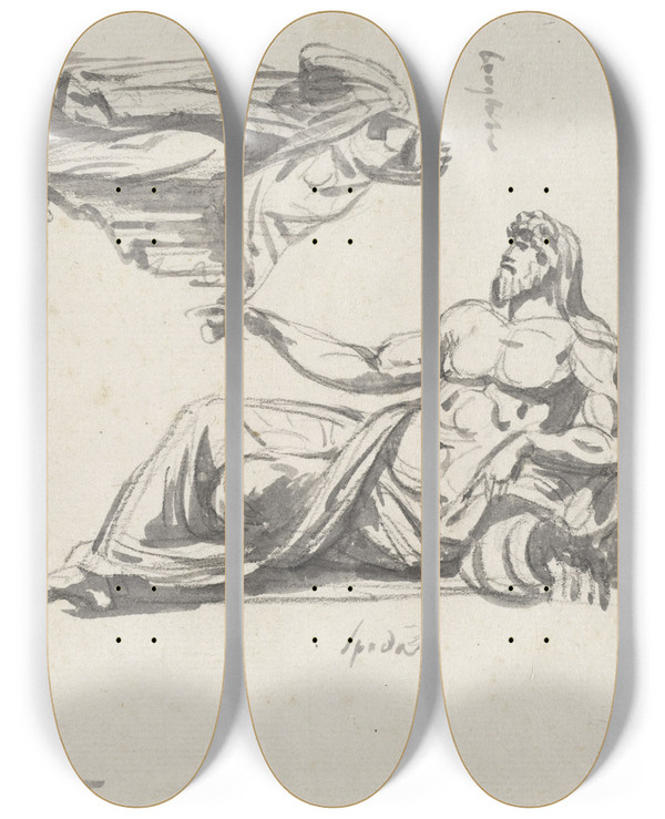 Triptych art skateboard deck of Jacques Louis David A River God And Two Classical Sculptures by Jacques Louis David (1748-1825)