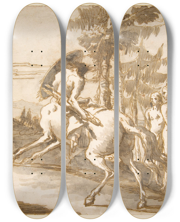 Triptych art skateboard deck of Giovanni Domenico Tiepolo Centaur With Shield And Two Satyresses by Giovanni Domenico Tiepolo (1727-1804)