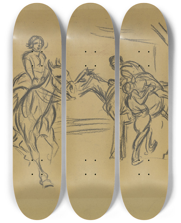 Triptych art skateboard deck of Wilhelm Kalb Hippodrome In Mannheim by Wilhelm Kalb