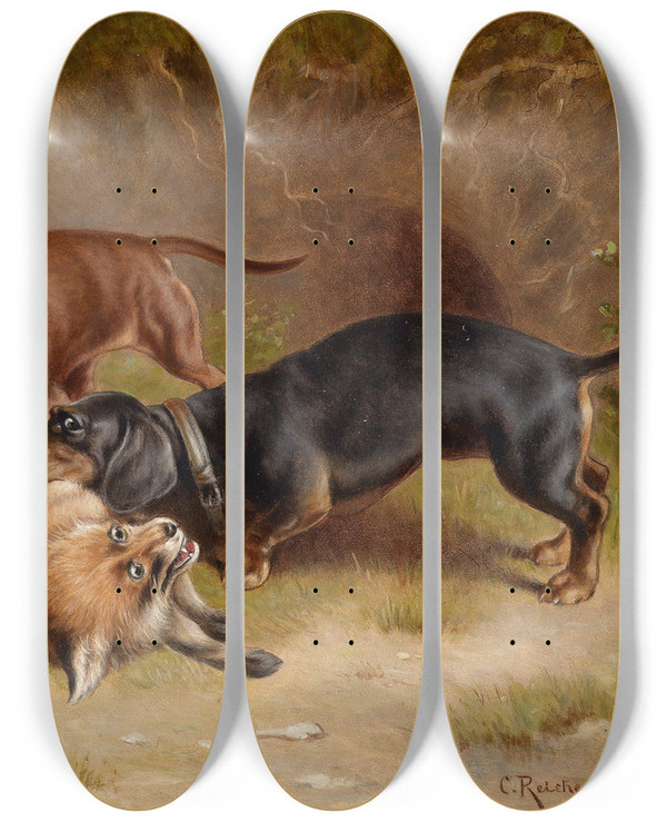 Triptych art skateboard deck of Carl Reichert Jagdbeute by Carl Reichert (1836-1918)
