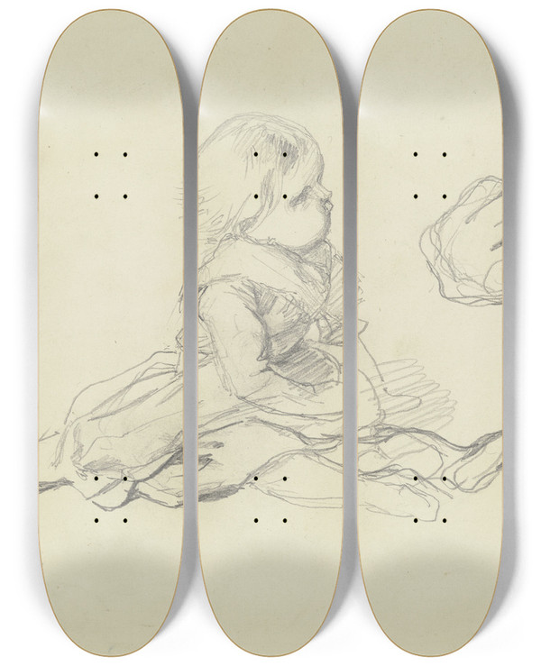 Triptych art skateboard deck of Jakob Becker Studienblatt Sitzendes Kleinkind by Jakob Becker (1810-1872)