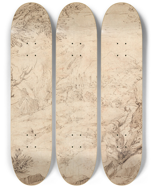 Triptych art skateboard deck of Agostino Carracci Landscape With The Temptation Ofchrist by Agostino Carracci (1557-1602)