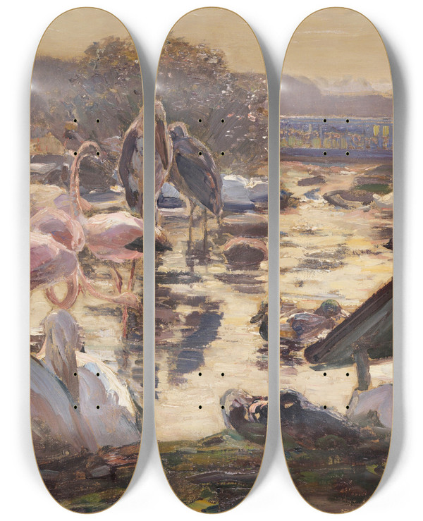 Triptych art skateboard deck of Heinrich Von Zgel Exotenweiher Hellabrunn by Heinrich Von Zugel (1850-1941)