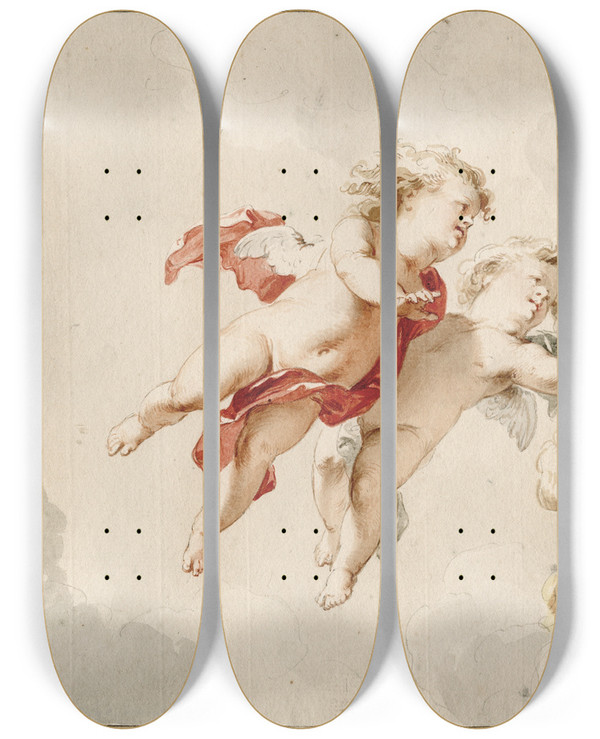 Triptych art skateboard deck of Jacob De Wit Three Flying Putti by Jacob de Wit (1695-1754)