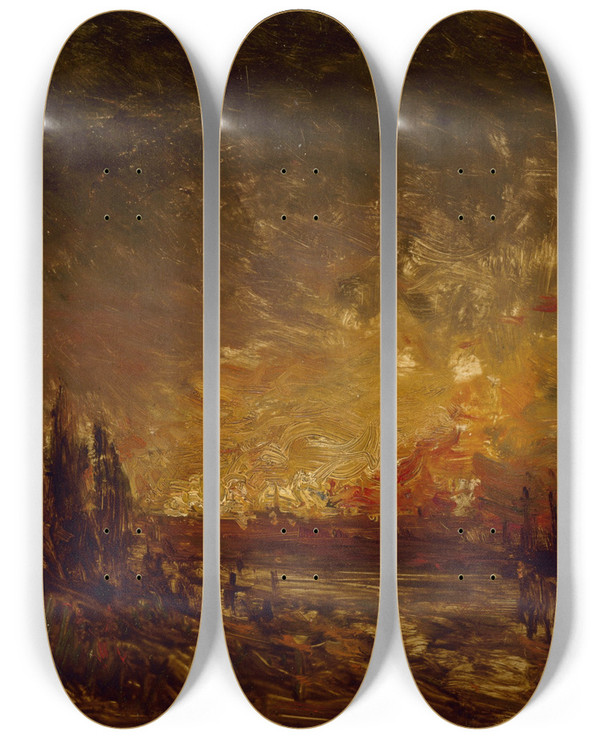 Triptych art skateboard deck of Flix Ziem Lincendie by Felix Ziem (1821-1911)