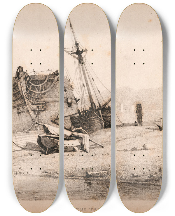 Triptych art skateboard deck of Samuel Prout On The Tamar by Samuel Prout (1783-1852)