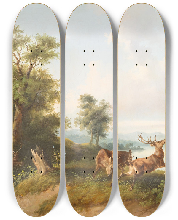 Triptych art skateboard deck of Franz Barbarini Landscape With Fighting Stags by Franz Barbarini (1804-1873)