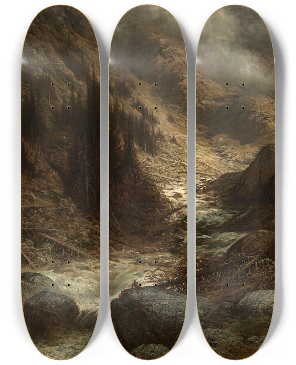 Triptych art skateboard deck of Gustave Dor Un Torrent Dans Lengadine by Gustave Dore (1832-1883)