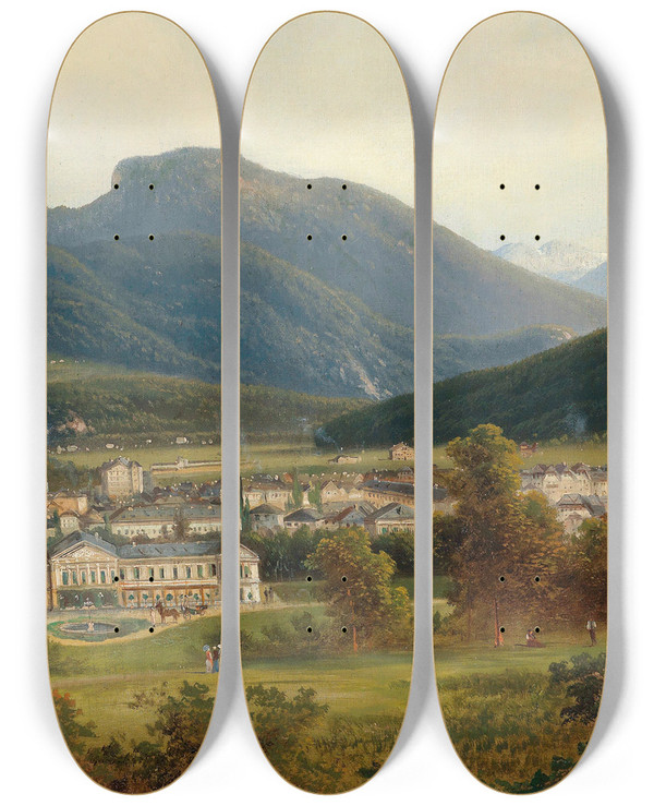 Triptych art skateboard deck of Ferdinand Lepie Blick Auf Ischl Und Die Kaiservilla by Ferdinand Lepie (1824-1883)