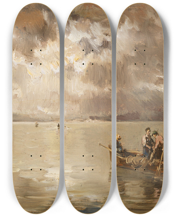 Triptych art skateboard deck of Joseph Wopfner Aufziehendes Gewitter Ber Dem Chiemsee by Joseph Wopfner (1843-1927)