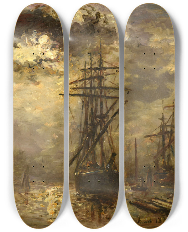 Triptych art skateboard deck of Johan Barthold Jongkind Les Moulins De Rotterdam by Johan Barthold Jongkind (1819-1891)