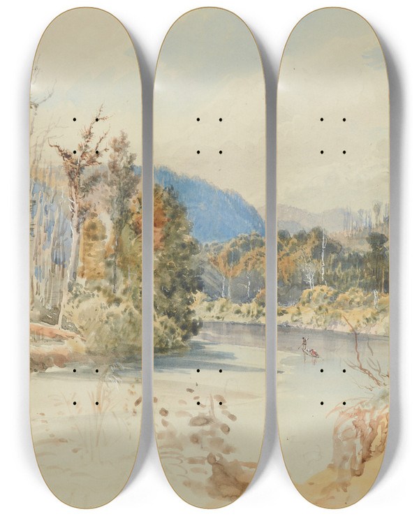 Triptych art skateboard deck of Nicholas Chevalier Upper Hutt Valley_1 by Nicholas Chevalier (1828-1902)