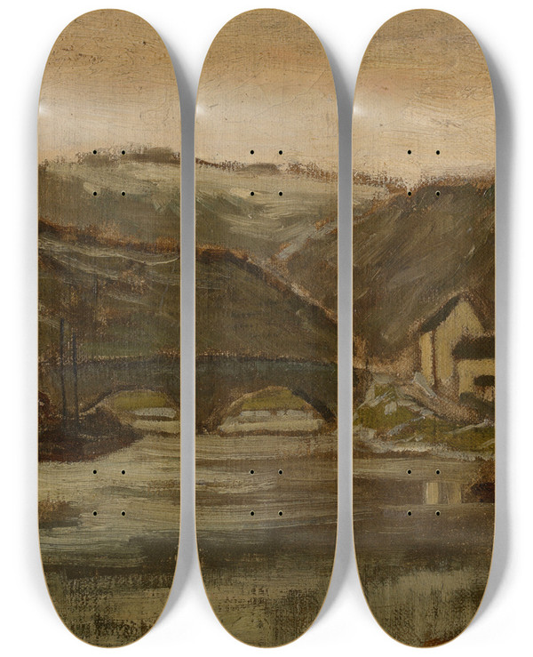 Triptych art skateboard deck of Flicien Rops Bridge Over The River Lesse by Felicien Rops (1833-1898)