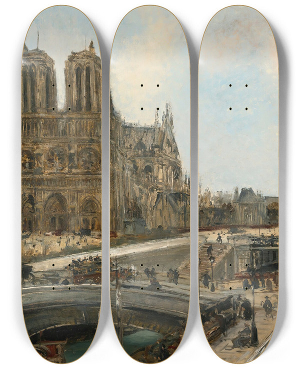 Triptych art skateboard deck of Douardjacques Dufeu View Of Paris With Notre Dame by Edouard Jacques Dufeu (1840-1900)