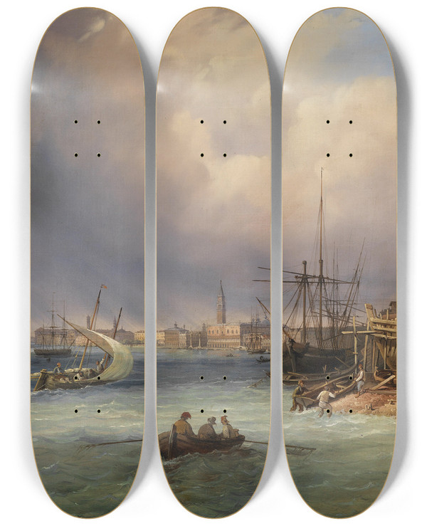 Triptych art skateboard deck of Carlo Grubas Blick Auf Venedig Bei Gewitterstimmung by Carlo Grubas (1810-1870)