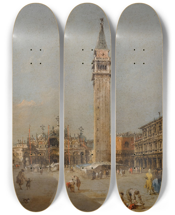 Triptych art skateboard deck of Francesco Guardi The Piazza San Marco With The Basilica And Campanile by Francesco Guardi (1712-1793)
