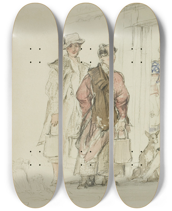 Triptych art skateboard deck of Sir David Wilkie Figures Near Doorway by Sir David Wilkie (1785-1841)