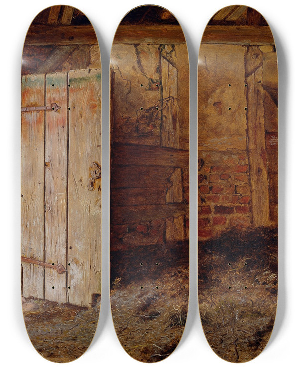 Triptych art skateboard deck of Christen Dalsgaard Outhouse Interior by Christen Dalsgaard (1824-1907)