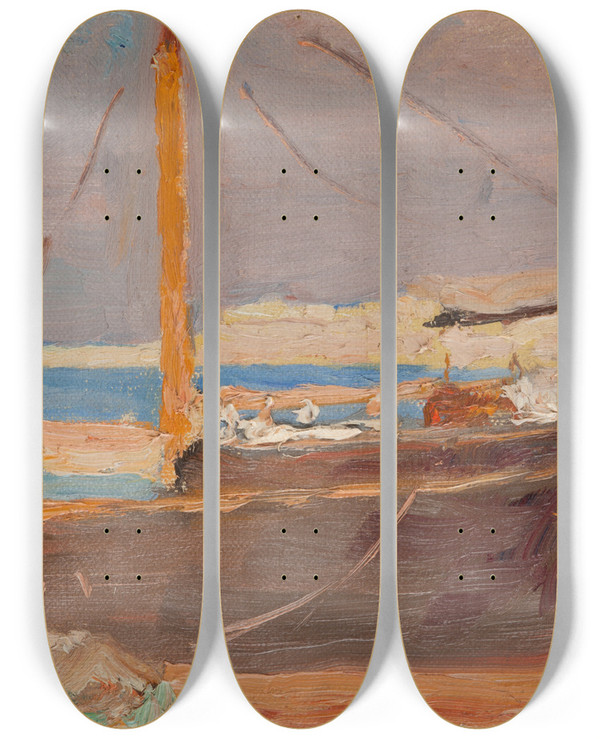 Triptych art skateboard deck of Jan Cigliski Malta A Ship by Jan Ciaglinski (1858-1913)