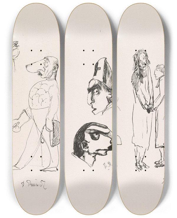 Triptych art skateboard deck of Pierre Puvis De Chavannes Les Caricatures De Puvis De Chavannes Pl31 by Pierre Puvis De Chavannes (1824-1898)