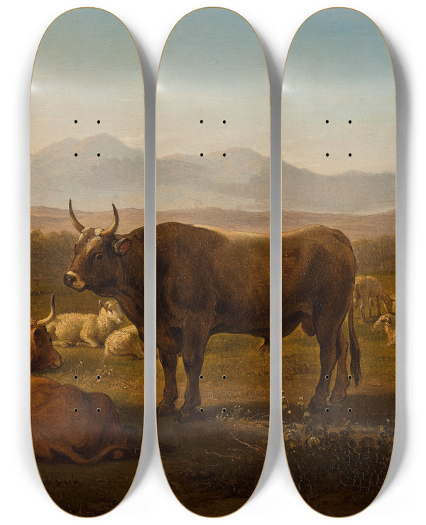 Triptych art skateboard deck of Abraham Teerlink Landscape With Cattle by Abraham Teerlink (1776-1857)
