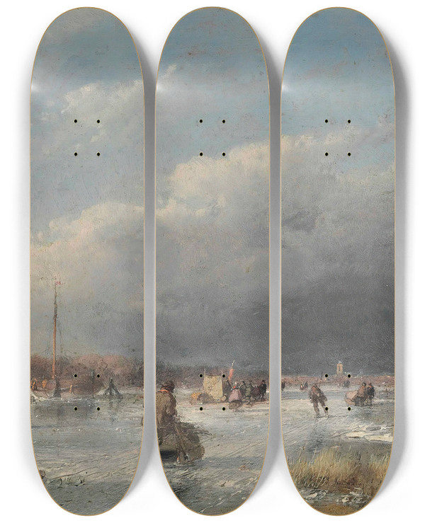 Triptych art skateboard deck of Andreas Schelfhout Skaters On A Frozen River_1 by Andreas Schelfhout (1787-1870)