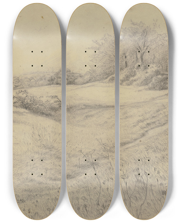 Triptych art skateboard deck of Otto Scholderer Waldlandschaft Bei Kronberg_1 by Otto Scholderer (1834-1902)
