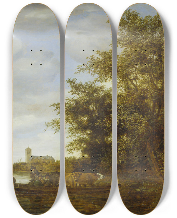 Triptych art skateboard deck of Salomon Van Ruysdael River Landscape With Ferry_2 by Salomon Van Ruysdael (1602-1670)
