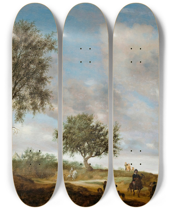 Triptych art skateboard deck of Salomon Van Ruysdael Landscape With Hunters by Salomon Van Ruysdael (1602-1670)
