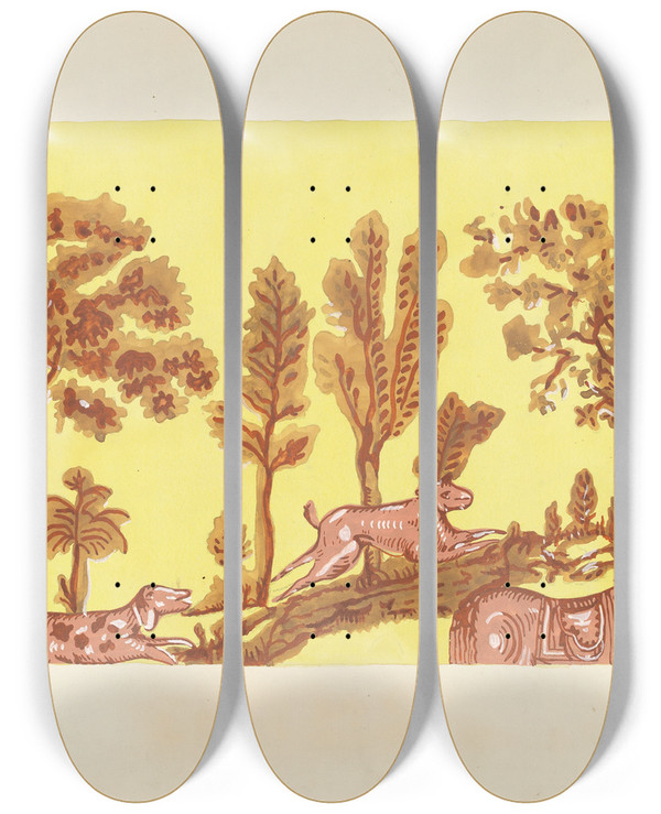 Triptych art skateboard deck of American 20Th Century Bandbox Design Rabbit Hunt by American 20Th Century