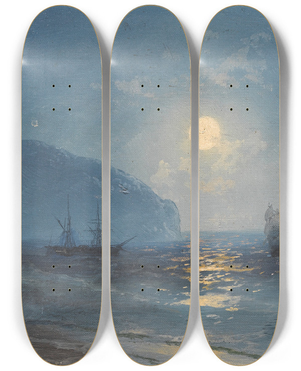 Triptych art skateboard deck of Ivan Konstantinovich Aivazovsky Moonlight_2 by Ivan Konstantinovich Aivazovsky (1817-1900)