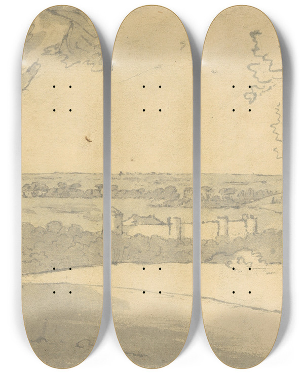 Triptych art skateboard deck of Joseph Wright Of Derby Landscape With A Distant Buildings by Joseph Wright Of Derby (1734-1797)