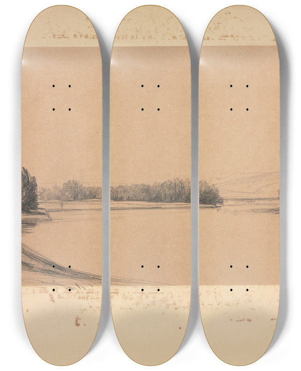 Triptych art skateboard deck of David Young Cameron A Scottish River by David Young Cameron (1865-1945)