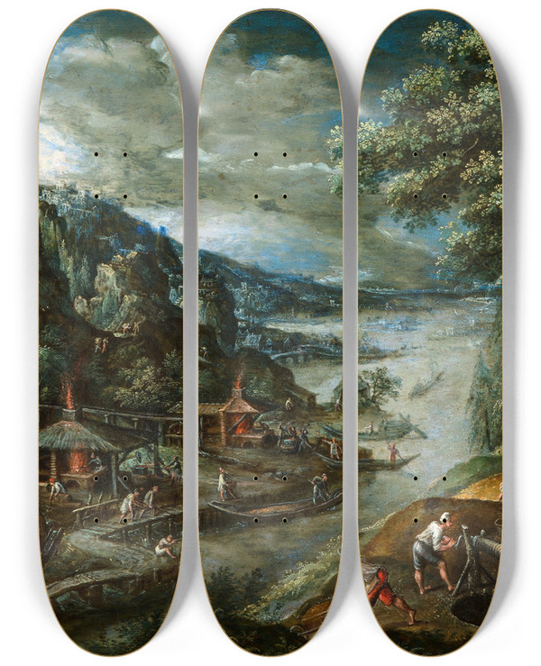 Triptych art skateboard deck of Marten Van Valckenborch River Landscape With Iron Mining Scene by Marten Van Valckenborch (1534-1612)
