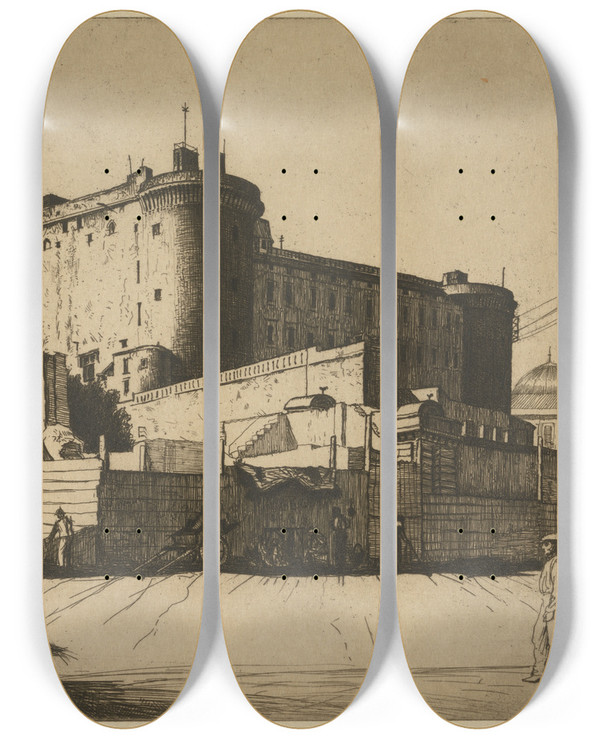 Triptych art skateboard deck of William Strang Castel Nuovo by William Strang (1859-1921)