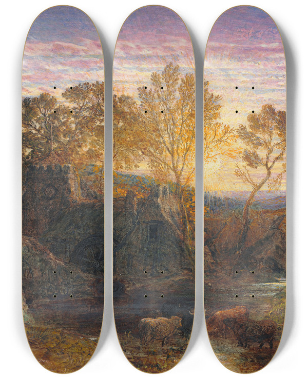 Triptych art skateboard deck of Samuel Palmer The Golden Hour by Samuel Palmer (1805-1881)