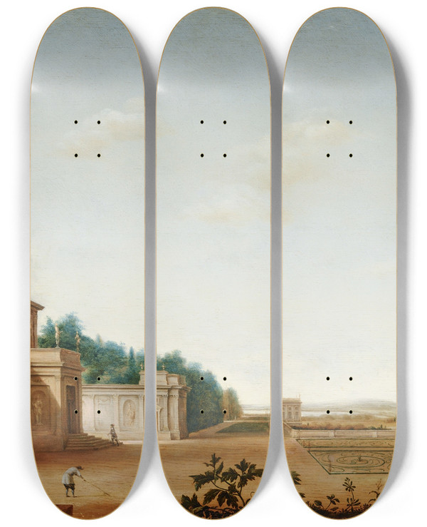 Triptych art skateboard deck of Jan Van Nickele Country House And Park by Jan Van Nickele (1656-1721)