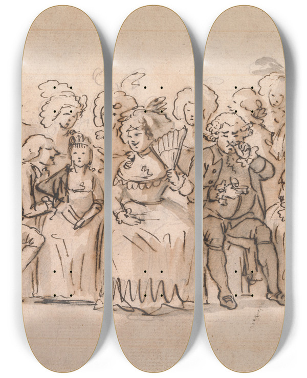 Triptych art skateboard deck of Matthew Haughton A Fashionable Audience by Matthew Haughton