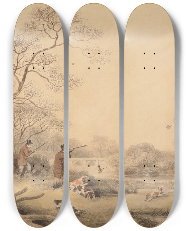 Triptych art skateboard deck of Samuel Howitt Snipe Shooting_1 by Samuel Howitt (1756-1822)