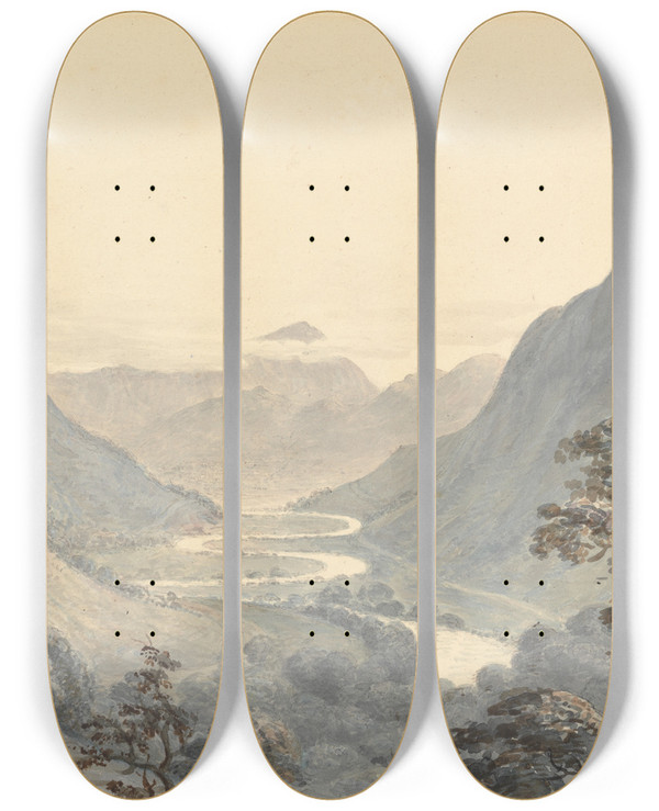 Triptych art skateboard deck of Moses Griffith The Beautiful Vale And Mowddach River Merionethshire by Moses Griffith (1747-1819)