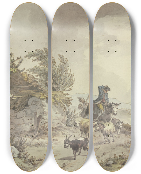 Triptych art skateboard deck of John Webber On The Path Next To A Dilapidated Hut With A Thatched Roof A Shepherd On Horseback And A Farmers Wife With Sheep And Goats by John Webber (1751-1793)