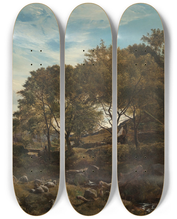 Triptych art skateboard deck of Sidney Richard Percy A Welsh Farm by Sidney Richard Percy (1821-1886)