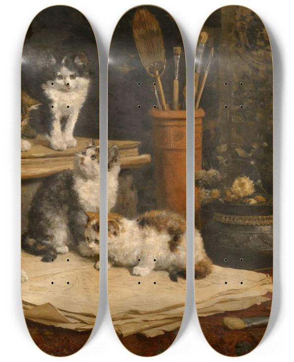 Triptych art skateboard deck of Charles Van Den Eycken The Busybody by Charles Van Den Eycken (1859-1923)